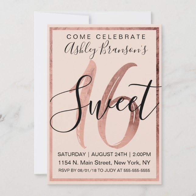 Chic Black Blush Pink Faux Rose Gold Foil Sweet 16 Invitation (Front)