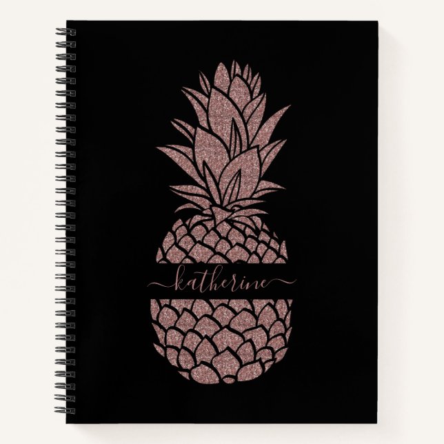 Chic Black Blush Pink Rose Gold Glitter Pineapple Notebook (Front)