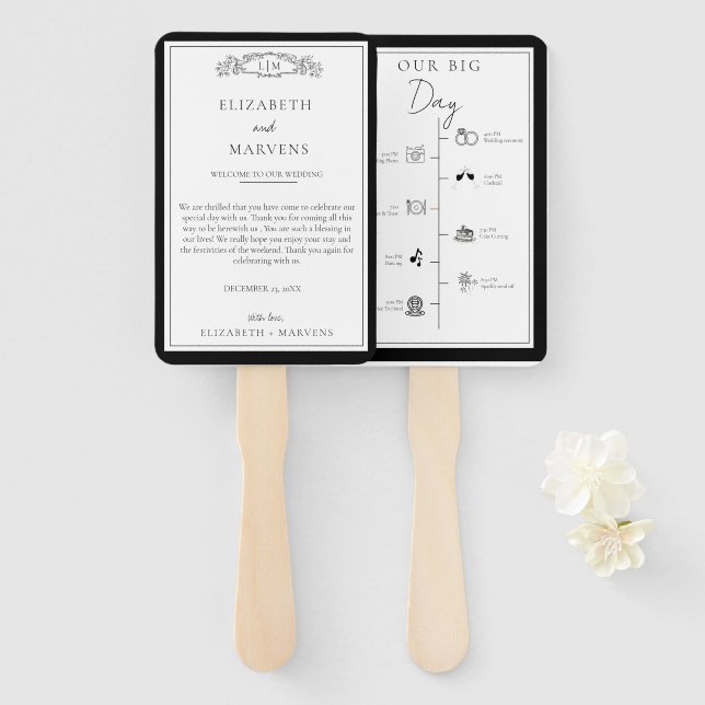Chic  Black Botanical crest  Events Timeline  Hand Fan (Front and Back)