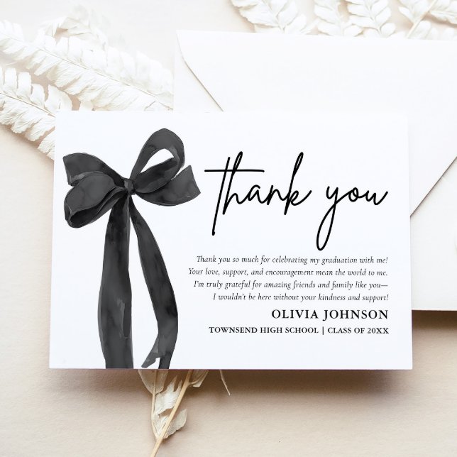 Chic Black Bow Coquette Carte de remerciements de  (Chic Black Bow Coquette Graduation Thank You Card)