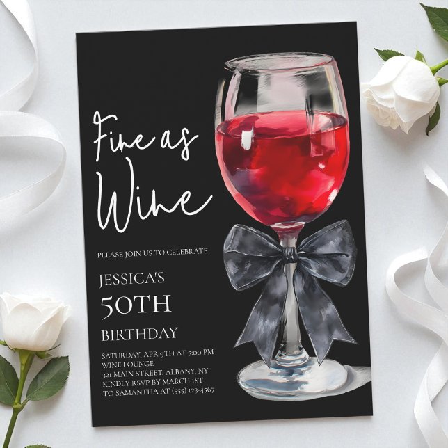 Chic Black Bow Fine as Wine 50th Birthday Party Invitation (Chic Black Bow Fine as Wine 50th Birthday Party Invitation)