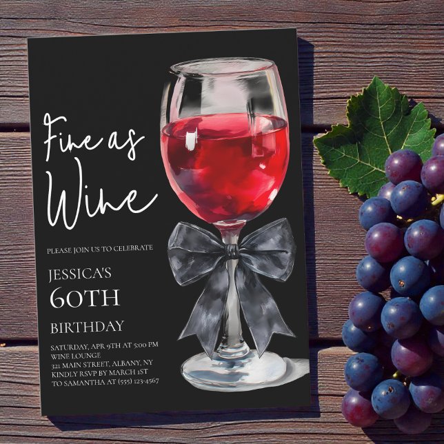 Chic Black Bow Fine as Wine 60th Birthday Party Invitation (Chic Black Bow Fine as Wine 60th Birthday Party Invitation)