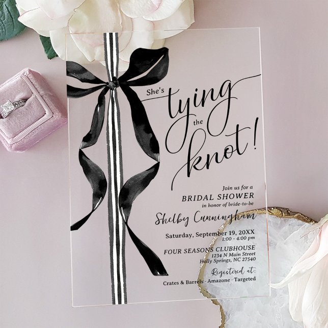 Chic Black Bow She's Tying The Knot Bridal Shower Acrylic Invitations (Black watercolor bow She's Tying The Knot modern coquette wedding bridal shower acrylic invitation)
