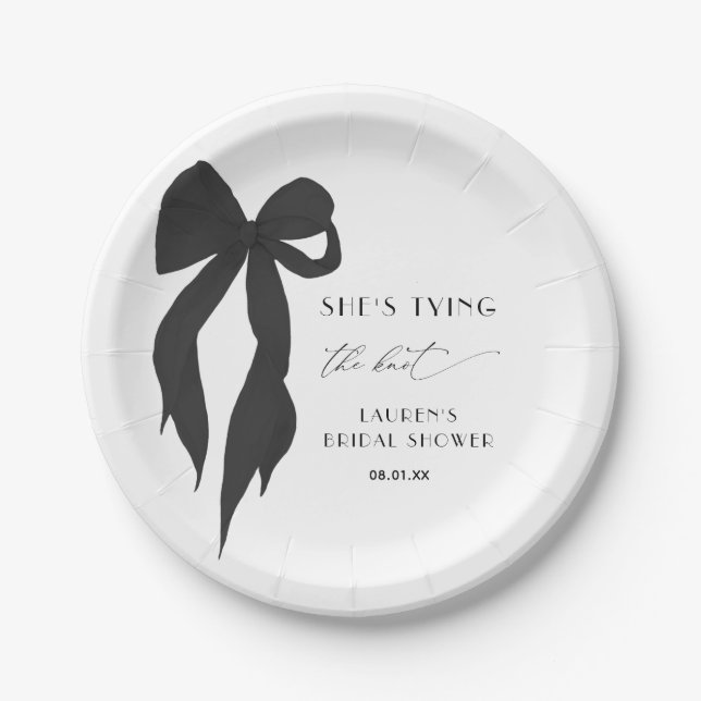 Chic Black Bow She's Tying The Knot Bridal Shower Paper Plate (Front)