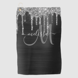 Chic Black Brushed Metal Silver Glitter Drips Name Golf Towel