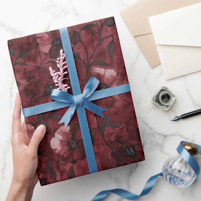 Chic Black Burgundy Red Floral Bridal Shower Wrapping Paper (Gifting)