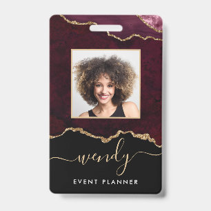 Chic Black Burgundy Red Gold Glitter Agate Photo Badge