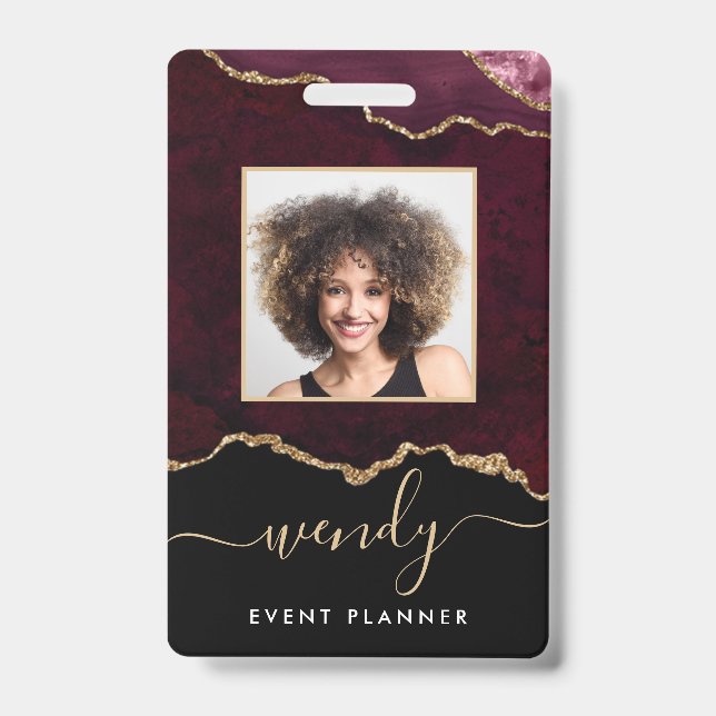 Chic Black Burgundy Red Gold Glitter Agate Photo Badge (Front)