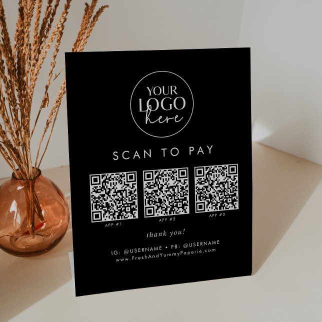 Chic Black Business Logo QR Code Scan To Pay Pedestal Sign (Creator Uploaded)