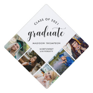 Chic Black Calligraphy Graduate Custom Photo Graduation Cap Topper