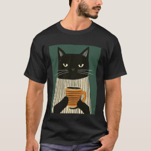 Chic Black Cat & Drinking Coffee for Kitten Lovers T-Shirt