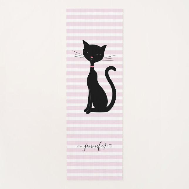 Chic Black Cat Personalized Name Pink Striped Yoga Mat (Front)