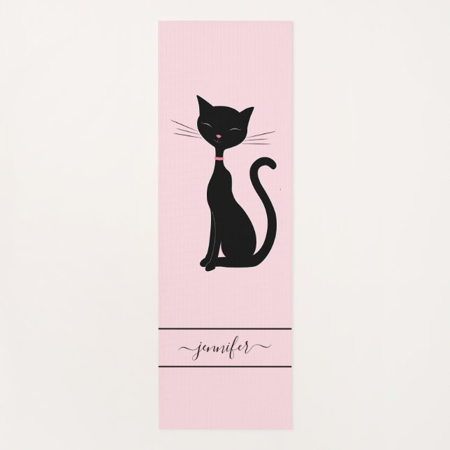 Chic Black Cat Personalized Name Pink Yoga Mat (Front)