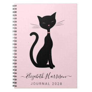 Chic Black Cat Personalized Pink Notebook