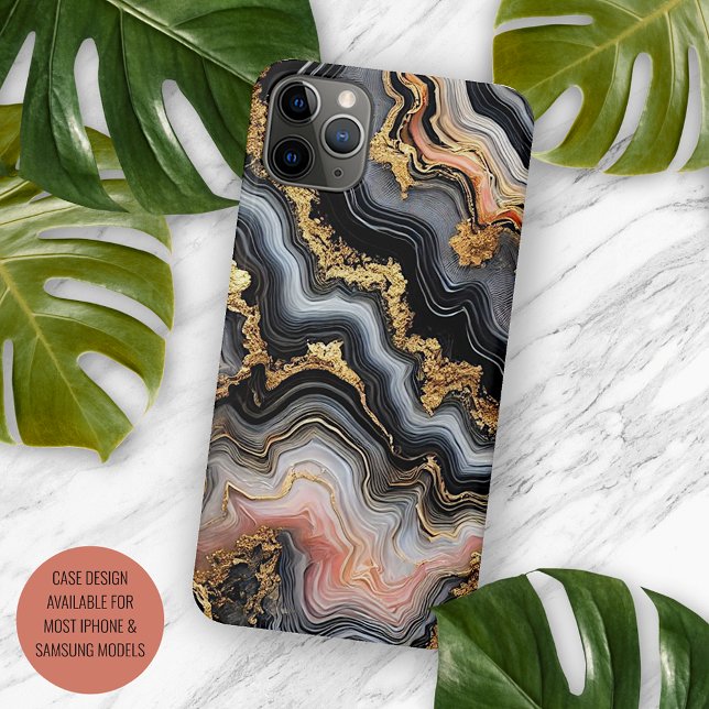 Chic Black Coral Pink White Gold Marble Pattern iPhone Case (Creator Uploaded)