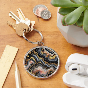 Chic Black Coral Pink White Gold Marble Pattern Keychain