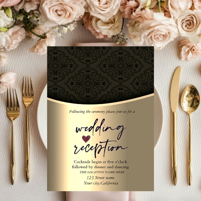 Chic Black Damask Gold  Wedding Reception  Invitation (Creator Uploaded)