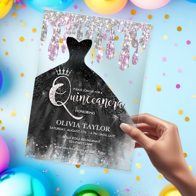 Chic black dress pink crystal drips Quinceanera  Acrylic Invitations (Creator Uploaded)