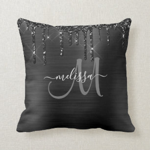 Chic Black Dripping Glitter Brushed Metal Monogram Throw Pillow