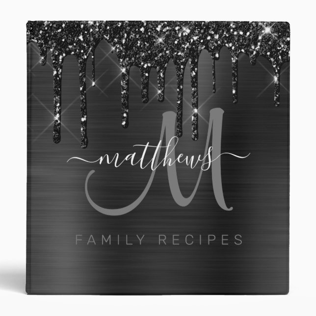 Chic Black Dripping Glitter Metal Family Recipe Binder (Front)