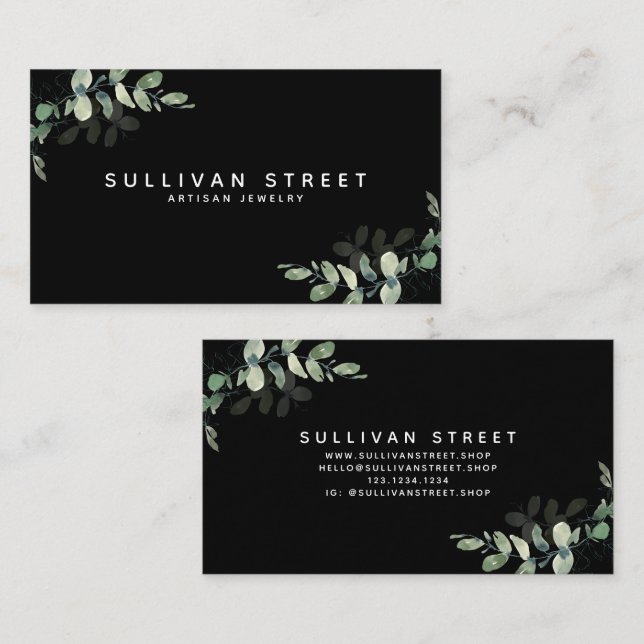 Chic Black Eucalyptus Business Card (Front/Back)