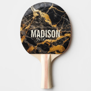 Chic black faux gold glitter marbling monogram ping pong paddle
