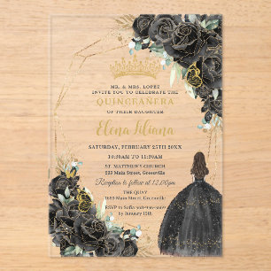 Chic Black Floral Roses Gold Quinceanera Sweet 16 Acrylic Invitations