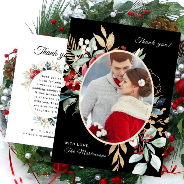 Chic Black Floral Thank You Message Wedding Postcard (Creator Uploaded)