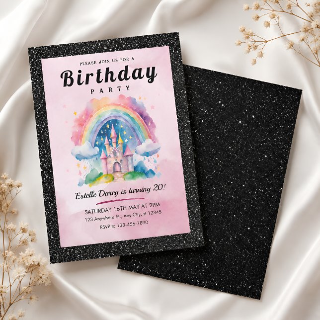 Chic Black Glitter Princess Castle 20th Birthday Invitation (Creator Uploaded)