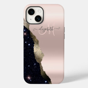 Chic Black Glitter Rose Gold Monogram   Case-Mate iPhone 14 Case