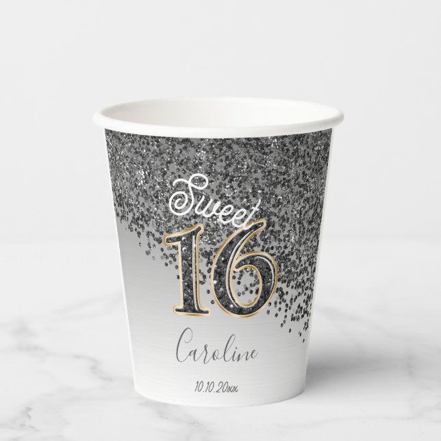 Chic Black Glitter Sweet 16 Birthday Paper Cups (Front)