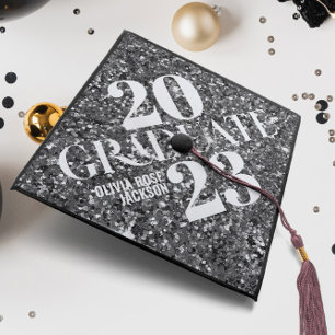 Chic Black Glitter Trendy Typography Custom Graduation Cap Topper