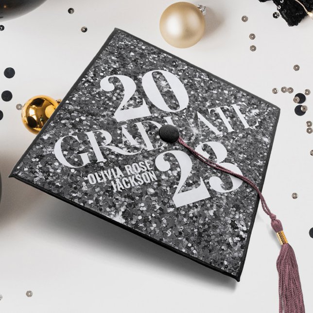 Chic Black Glitter Trendy Typography Custom Graduation Cap Topper (Creator Uploaded)