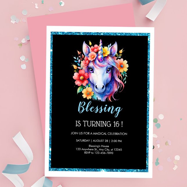 Chic black glitter unicorn birthday invitation (Creator Uploaded)
