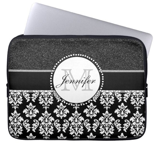 Chic Black Glitter White Damask Monogram Name Laptop Sleeve (Front)