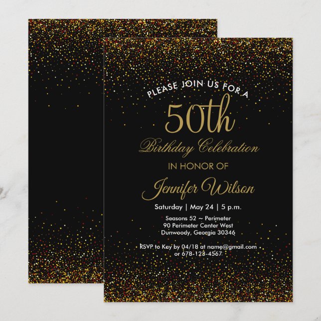 Chic Black & Gold 50th Birthday Invitation  (Front/Back)