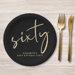 Chic Black Gold 60th Birthday Party Paper Plate<br><div class="desc">Chic black paper plates for your 60th birthday party featuring "sixty" showcased in a large gold script.</div>