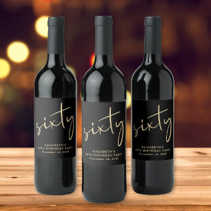 Chic Black Gold 60th Birthday Party Wine Label