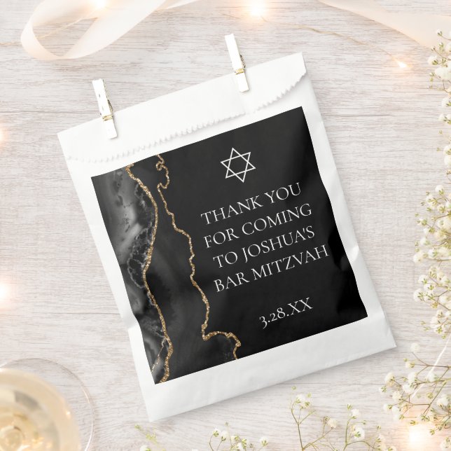 Chic Black Gold Agate Bar Mitzvah Custom Party Favour Bag (Clipped)