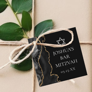 Chic Black Gold Agate Bar Mitzvah Custom Party Favour Tags
