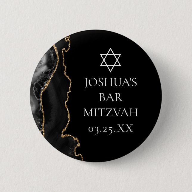 Chic Black Gold Agate Bar Mitzvah Party 2 Inch Round Button (Front)