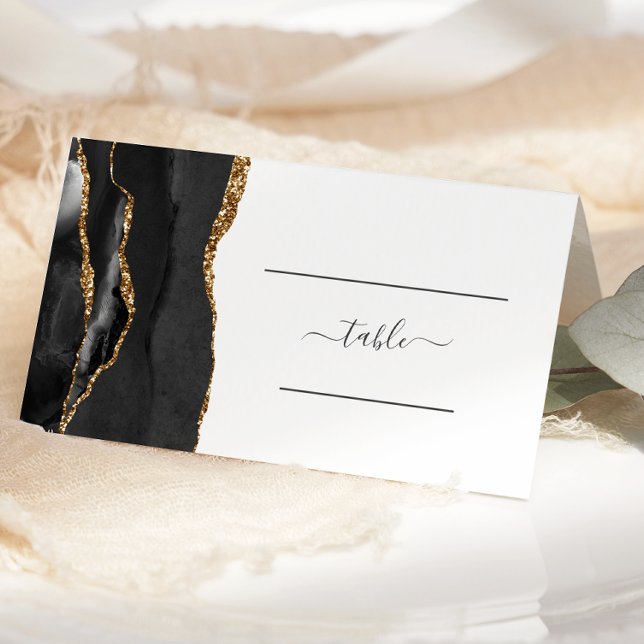 Chic Black Gold Agate Wedding Place Card (Creator Uploaded)
