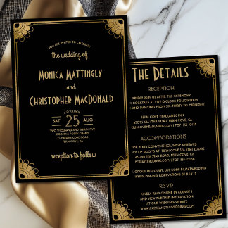 Chic Black Gold Art Deco Floral All-in-One Wedding Invitation