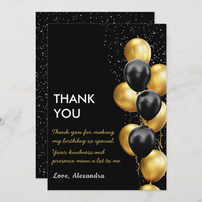 Chic Black Gold Balloon  Thank You Card (Front/Back)