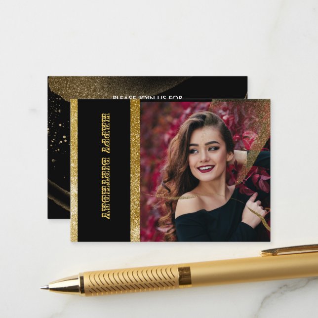 Chic Black & Gold Birthday Party  Enclosure Card (Front/Back In Situ)