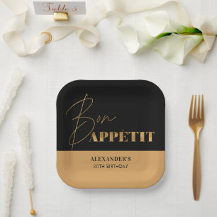 Chic Black Gold Bon Appétit Script Birthday  Paper Plate