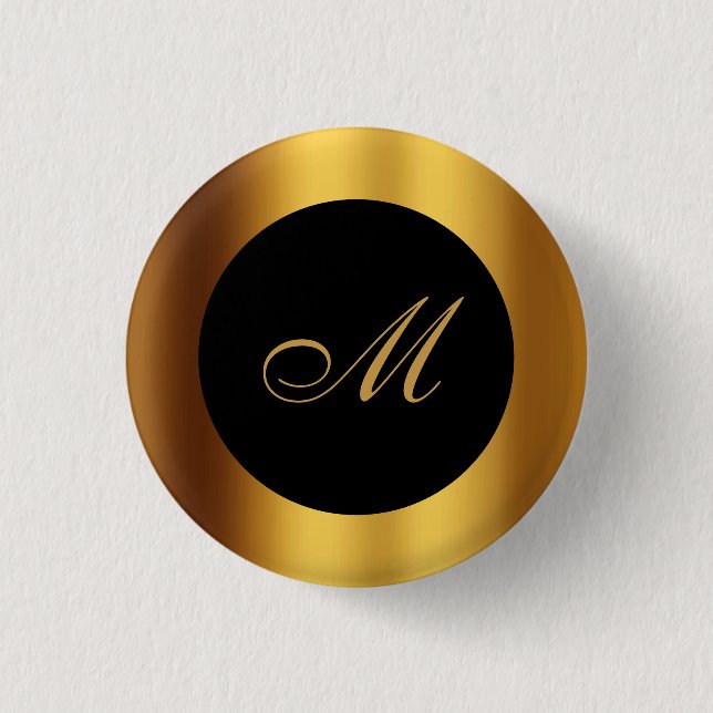 Chic Black Gold Calligraphy Border Monogram 1 Inch Round Button (Front)