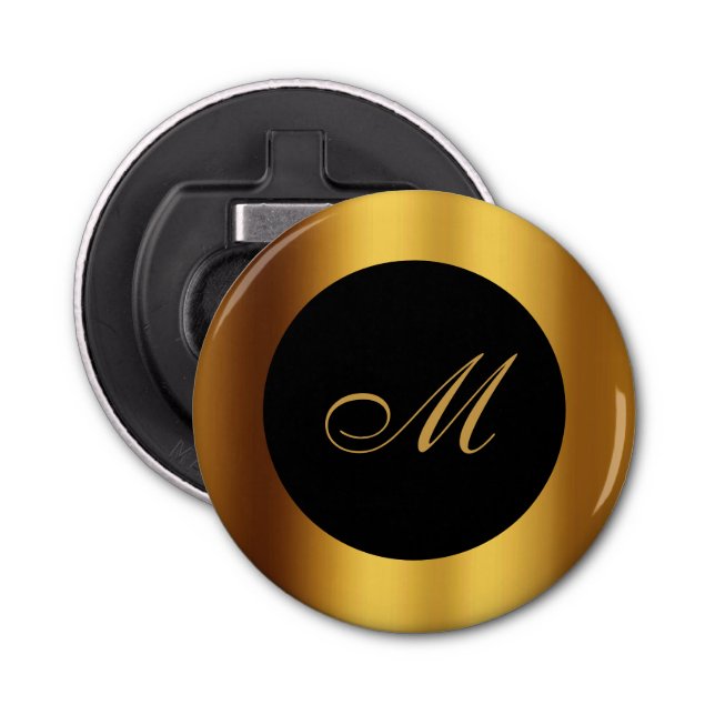 Chic Black Gold Calligraphy Border Monogram Bottle Opener (Front)