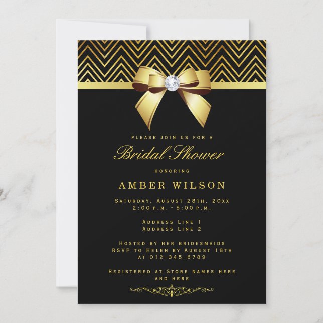 Chic Black Gold Chevrons Diamond Bow Bridal Shower Invitation (Front)
