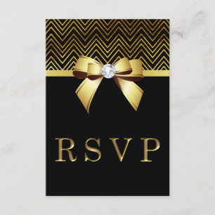 Chic Black Gold Chevrons Diamond Bow RSVP Card